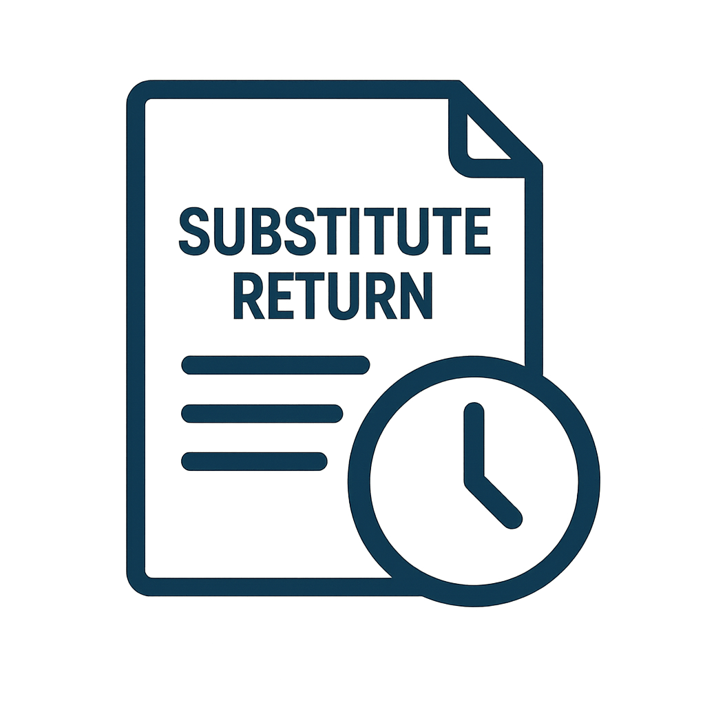 Delinquent & Substitute for Return Resolution Icon — Correcting Past IRS Filings Flat square navy-blue vector icon featuring a calendar and tax document with a circular arrow, symbolizing delinquent or substitute return resolution and accurate IRS filing correction.