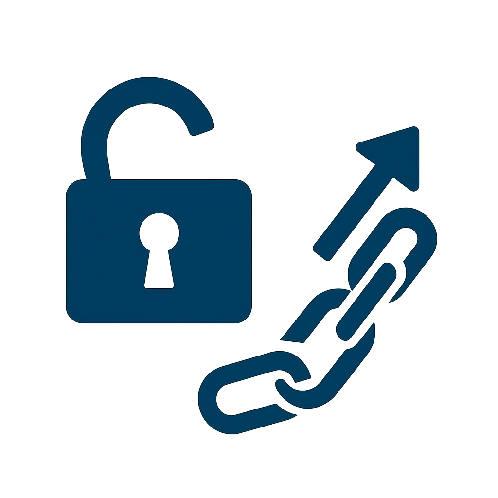 Lien & Levy Release Icon — Freedom from IRS Holds Flat navy-blue vector icon with a broken padlock and snapped chain on a beige background, representing lien and levy release services that help taxpayers regain financial control.