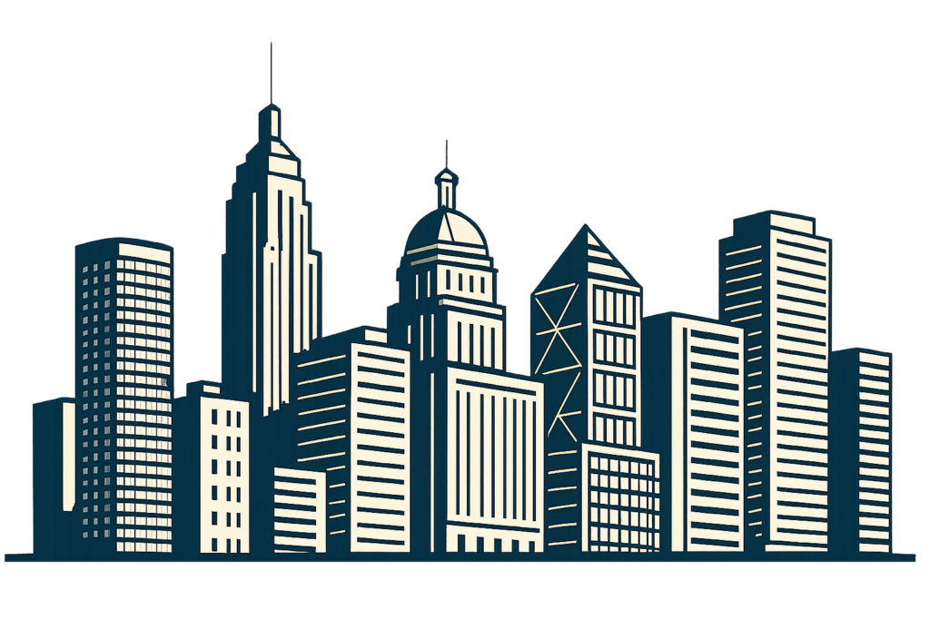 Flat-style vector illustration of a modern Texas city skyline featuring clean, minimalist office buildings and skyscrapers — designed for a professional business website header.